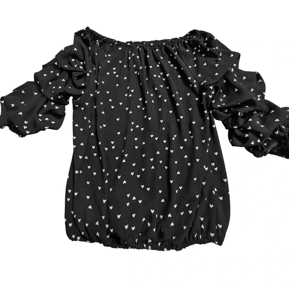CeCe Women's M Black Heart Print Off Shoulder Ruffle Sleeve Blouse
